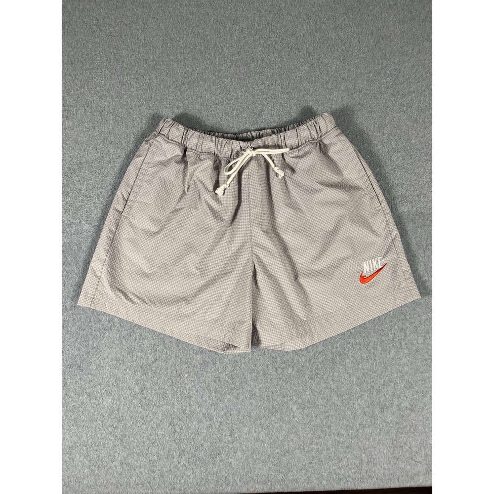 Nike Sportswear Mens Gingham Check Mesh Lined Shorts Grey Orange Swoosh Large